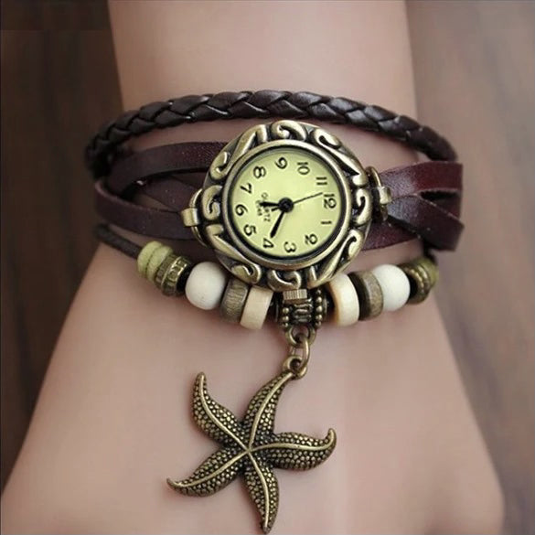 Starfish Bracelet Watch • Retro Leather Wristwatch