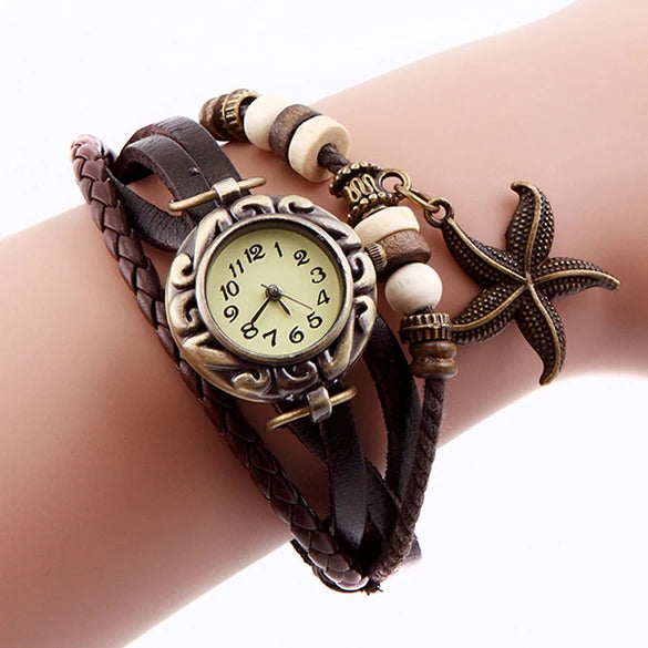 Starfish Bracelet Watch • Retro Leather Wristwatch