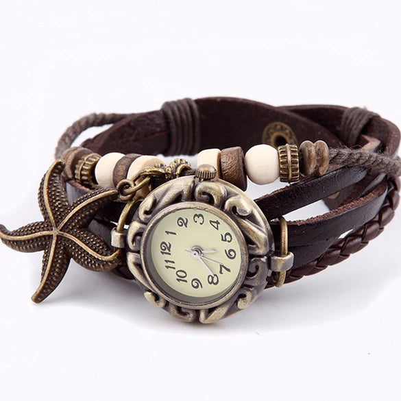 Starfish Bracelet Watch • Retro Leather Wristwatch