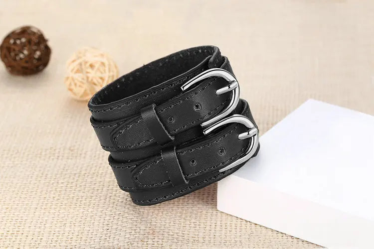 Wide Bracelet Buckle • Double Belt Leather Wrist Band