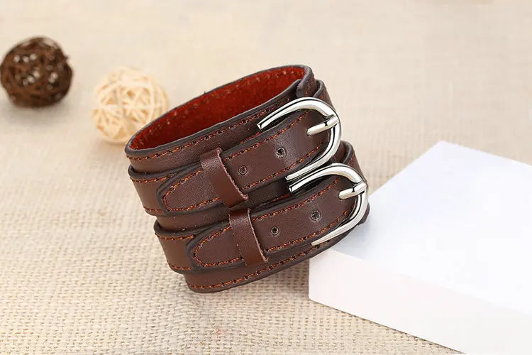 Wide Bracelet Buckle • Double Belt Leather Wrist Band