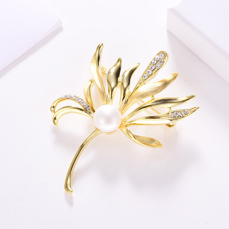 Asymmetric Petal Brooch • Crystal Pearl Corsage Dress Pin