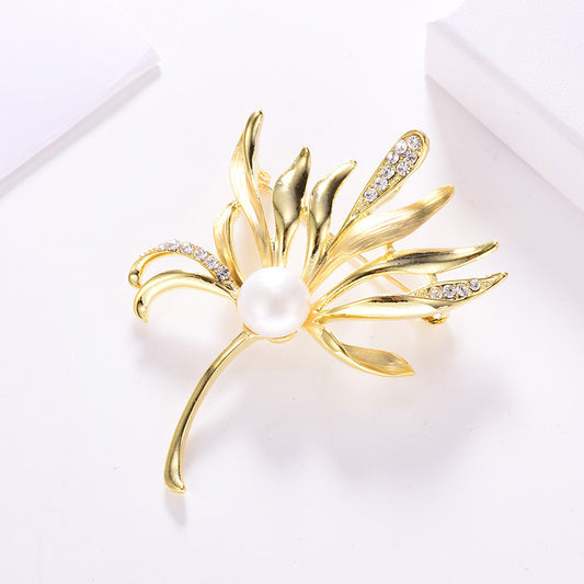 Asymmetric Petal Brooch • Crystal Pearl Corsage Dress Pin