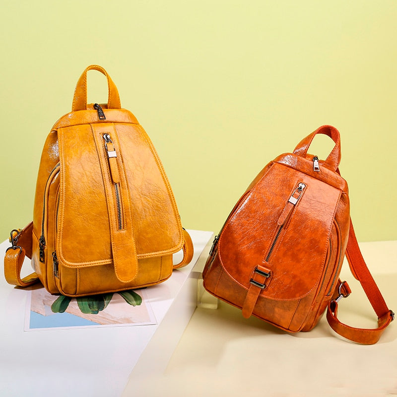 High-Quality Leather Backpack •  Straps Zipper Unisex Bag