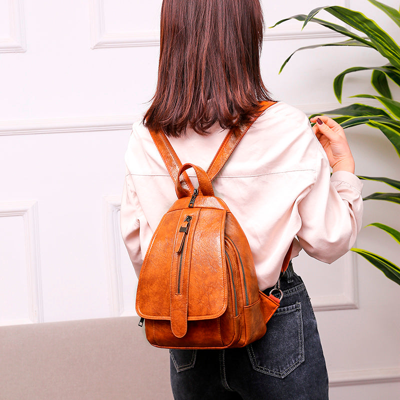 High-Quality Leather Backpack •  Straps Zipper Unisex Bag